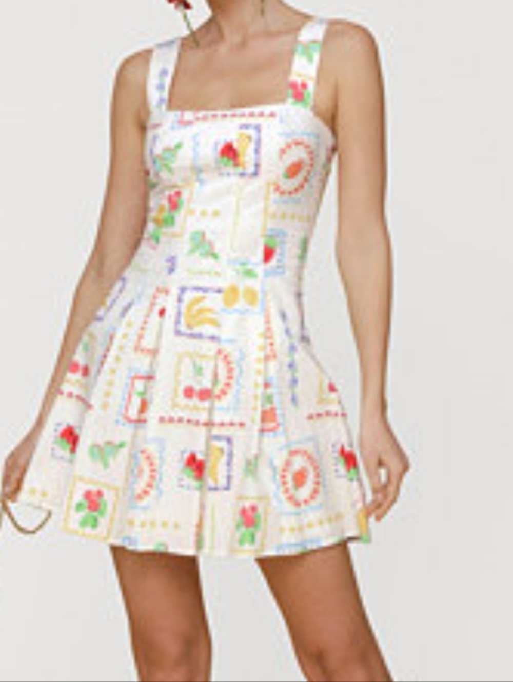 Avec Les Filles White Cotton Fruit-Print Flared Mini Dress Size 14 - Picture 3 of 16